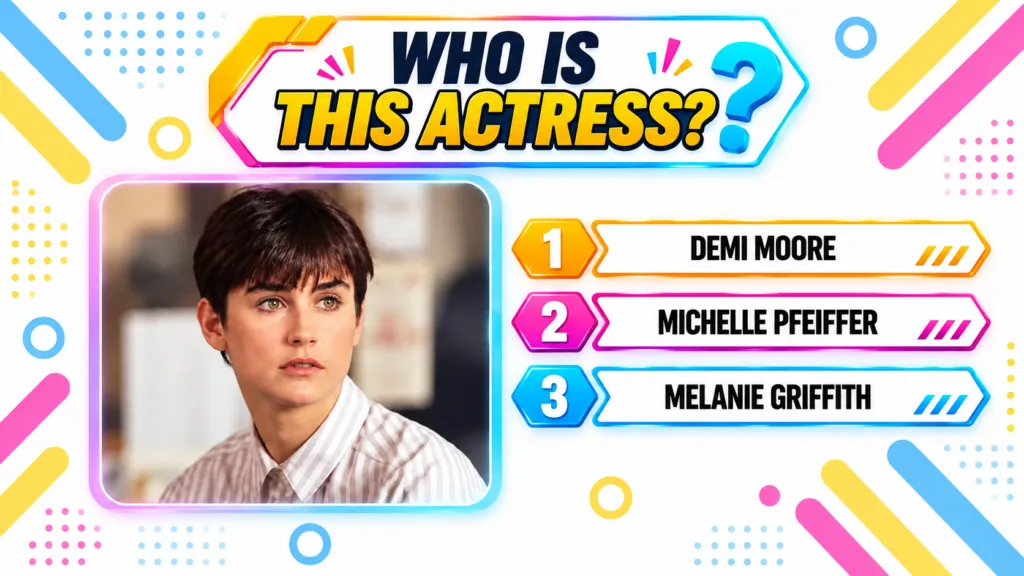 A quiz graphic showing a young Demi Moore with a short hairstyle asking Who is this actress with three multiple-choice o