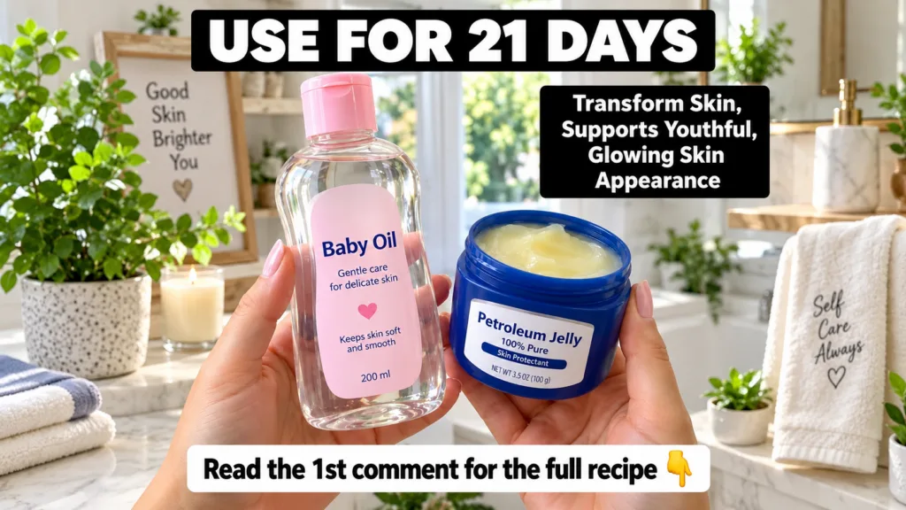 Hands holding a bottle of baby oil and a jar of petroleum jelly