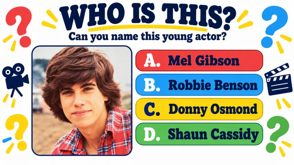 Retro-style quiz poster featuring a portrait of a young man with brown shaggy hair and a plaid shirt smiling gently with