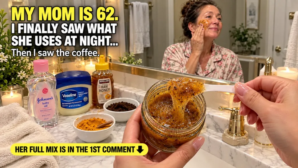 A close-up shot of a hand holding an open jar of a homemade coffee and honey granular scrub with a spoonful of the produ