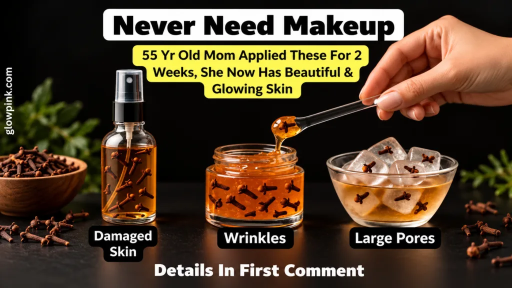 Three glass containers with clove-infused liquids for skincare a spray bottle a jar with viscous liquid and a bowl of ic