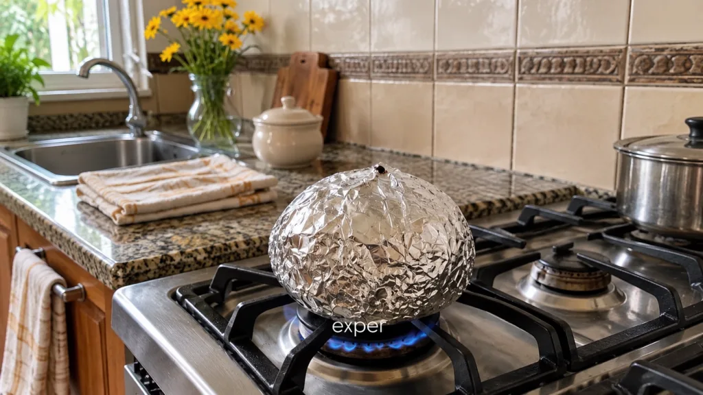 A round object wrapped in crinkled aluminum foil placed on a gas stove burner with a blue flame underneath A small dark 