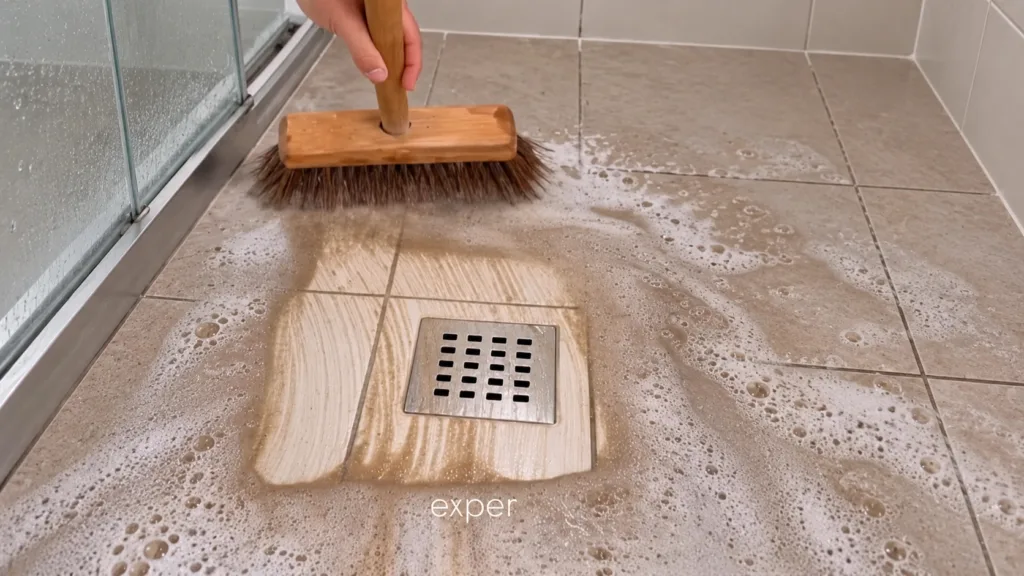 A hand using a scrub brush to clean a tiled floor covered in soapy water and dirt with a metal drain visible