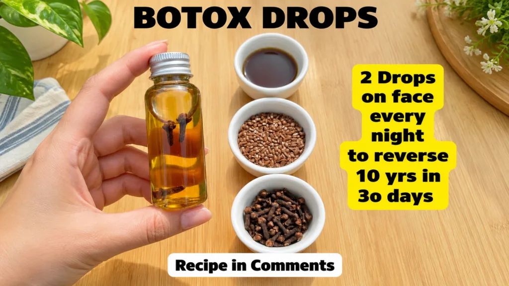 Overhead shot of glass bottle with yellowish liquid and whole cloves white ceramic bowls with flax seeds dark liquid and