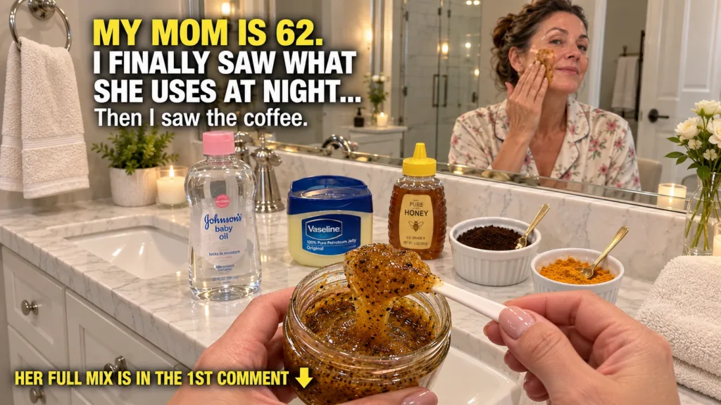 A woman in the background reflected in a mirror applying a facial scrub to her cheek In the foreground hands hold a jar 