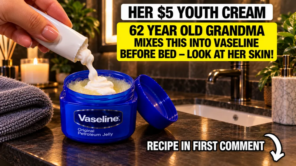 A hand squeezing a thick white cream from a tube into a blue jar of Vaseline on a modern bathroom sink