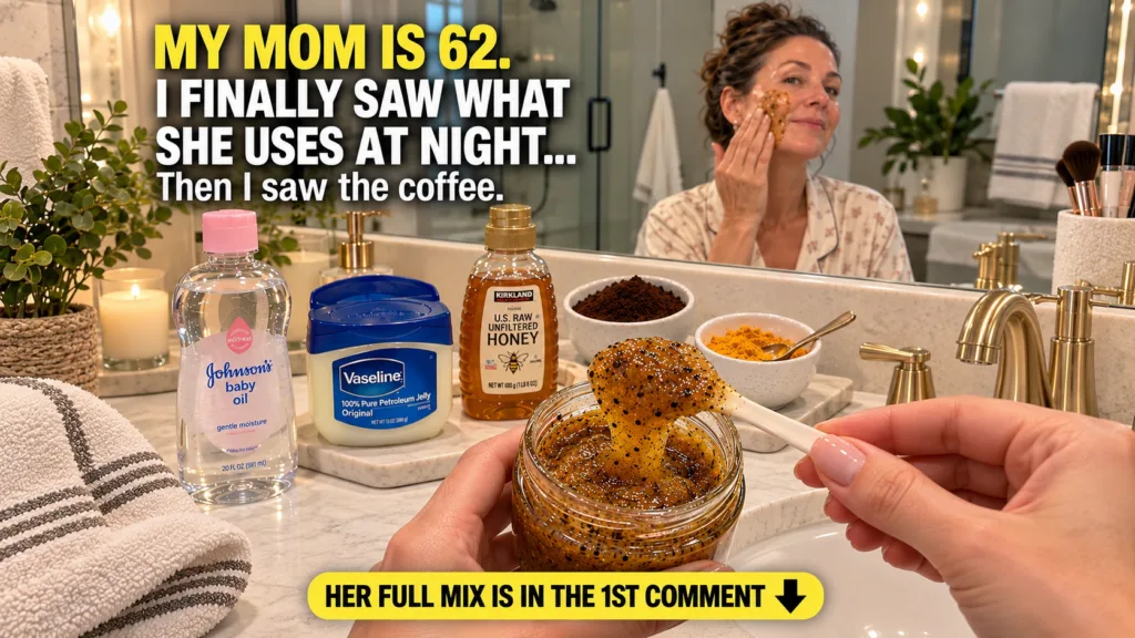 Hands holding a jar of homemade coffee scrub with a spoonful a woman in a mirror reflection applying scrub to her face i