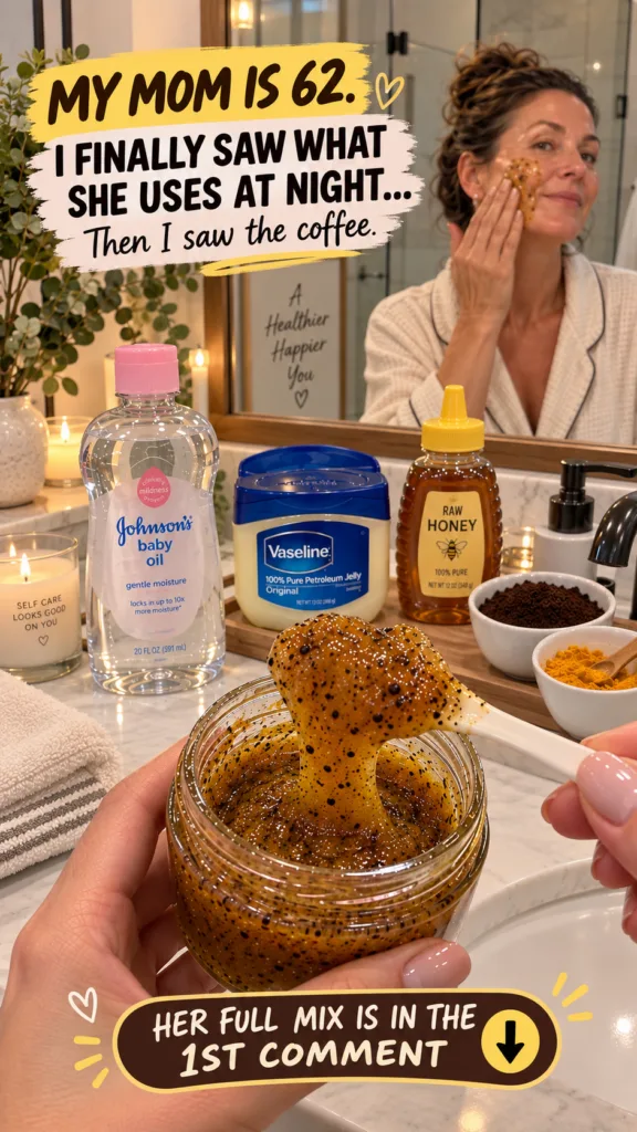 Hands holding a jar of coffee scrub with a spoonful dripping the mixture In the background a woman applies the scrub to