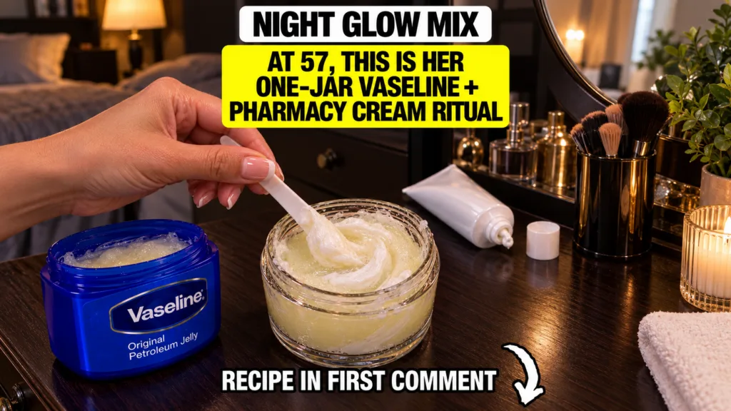 A person s hand gently stirring a light-colored creamy mixture in a clear glass jar with a white spatula A blue tub of V