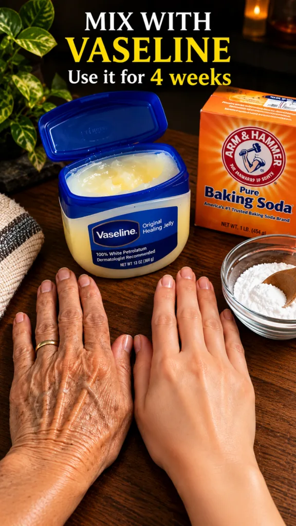 A visual comparison of an aged wrinkled hand next to a smooth youthful hand on a wooden table In the background an open 