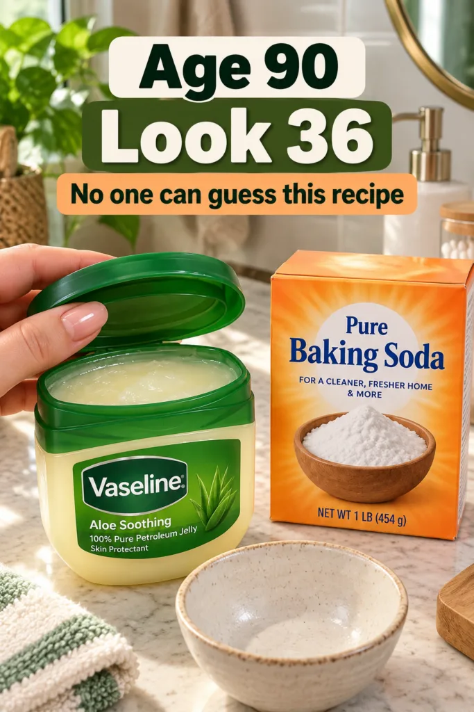 A flat lay composition showing an open jar of Vaseline Aloe Soothing petroleum jelly a box of Pure Baking Soda an empty 
