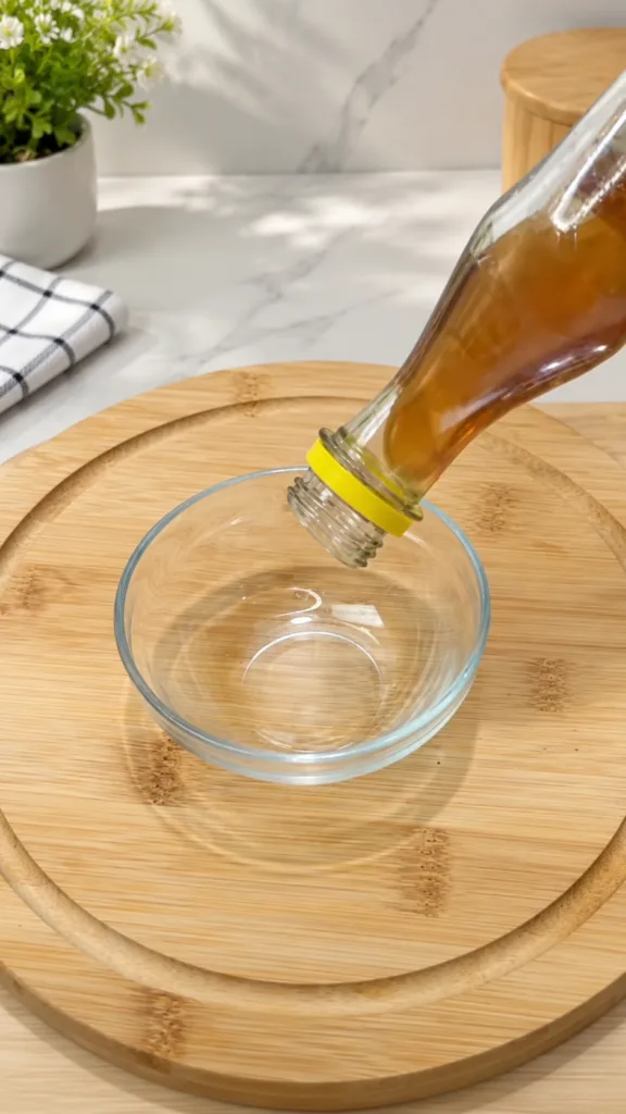 A glass bottle with amber liquid being tilted over an empty glass bowl on a wooden cutting board with a marble counterto