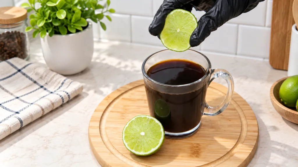 A close-up shot of a hand in a black glove holding a fresh lime half over a glass mug filled with dark coffee Another li