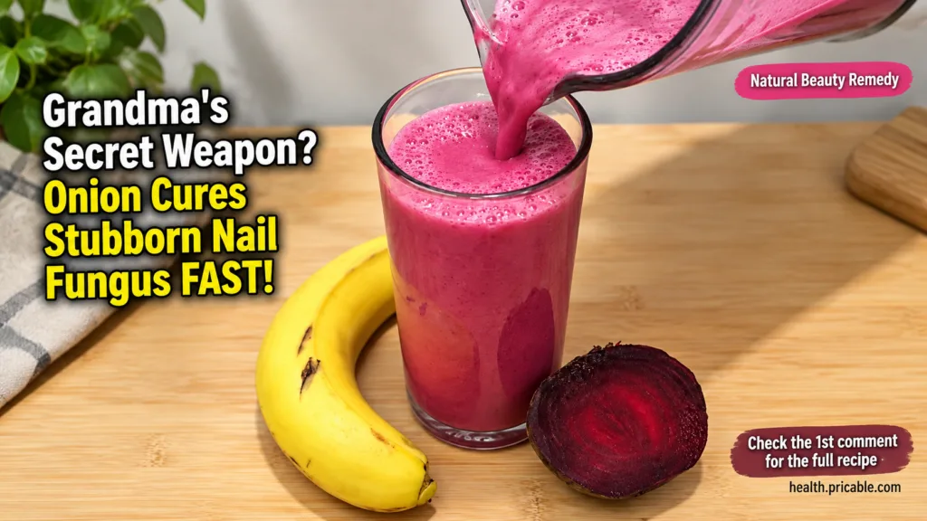 Vibrant pink smoothie being poured from a glass jug into a glass with a banana and beetroot next to it on a wooden surfa