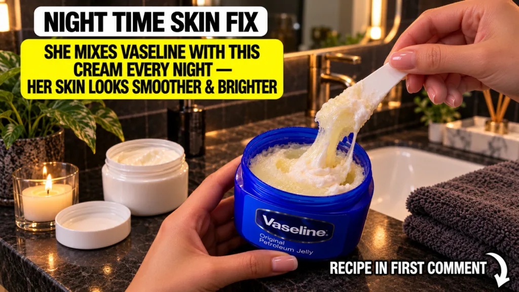 A close-up of a hand holding a blue tub of Vaseline with a white spatula lifting a viscous mixture of Vaseline and a whi