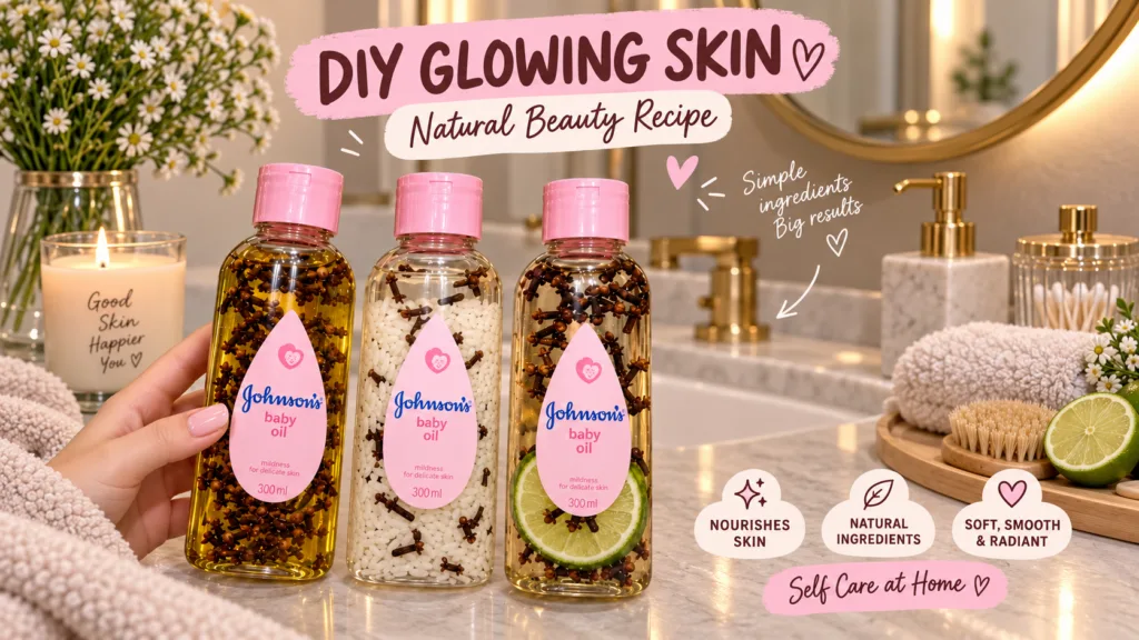Three bottles of Johnson s baby oil infused with cloves rice and lime held by a hand in a cozy bathroom setting with a c