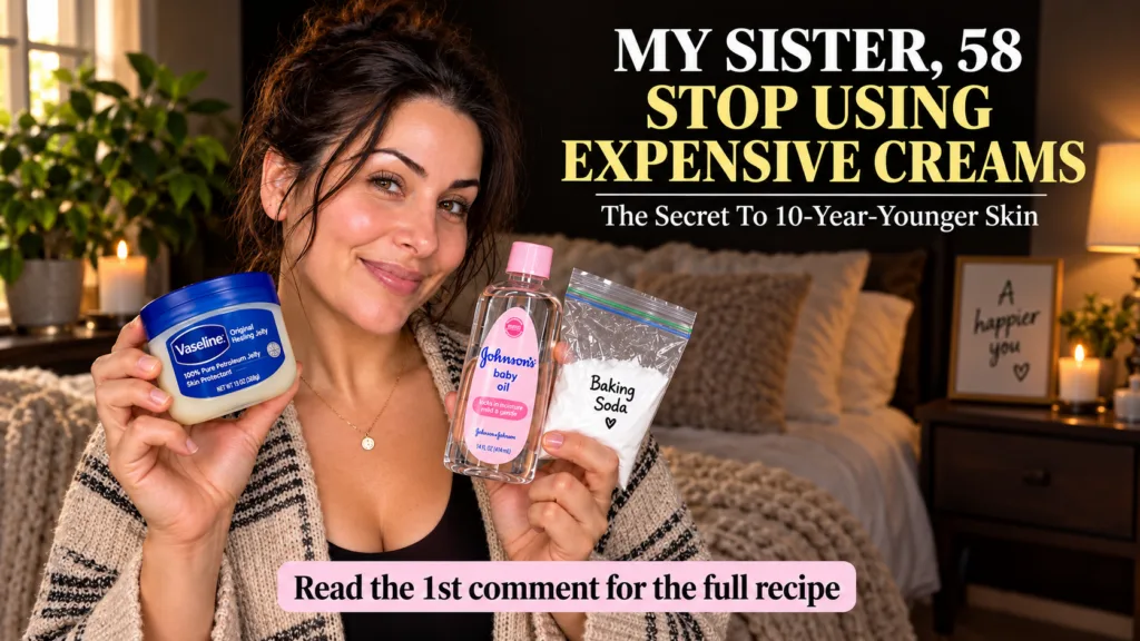 A smiling woman holds up three common household products Vaseline Johnson s baby oil and a bag of baking soda with a coz