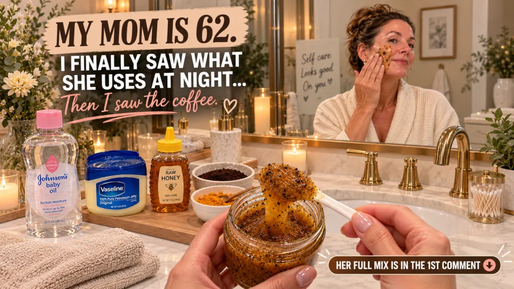 Hands holding a jar of homemade facial scrub with a spoon with a woman applying the scrub to her face in a bathroom mirr