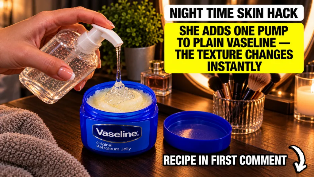 A hand dispensing clear panthenol gel from a pump bottle into a blue tub of Vaseline petroleum jelly with the gel formin