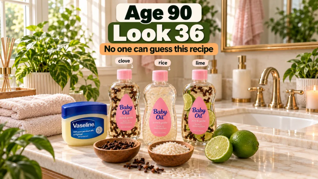 A collection of natural beauty ingredients on a bathroom counter including Vaseline baby oil infused with cloves rice an