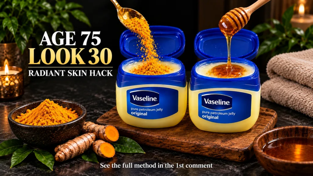 Two open jars of petroleum jelly with turmeric powder falling into one from a golden spoon and honey dripping into the o