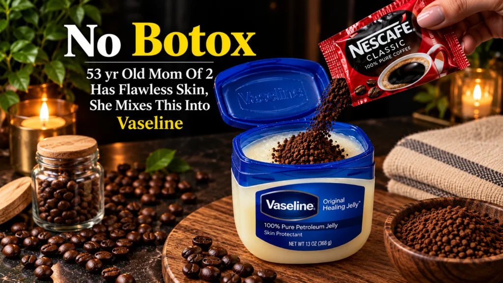 Close-up of instant coffee granules being poured into a tub of Vaseline Original Healing Jelly on a dark wooden surface 