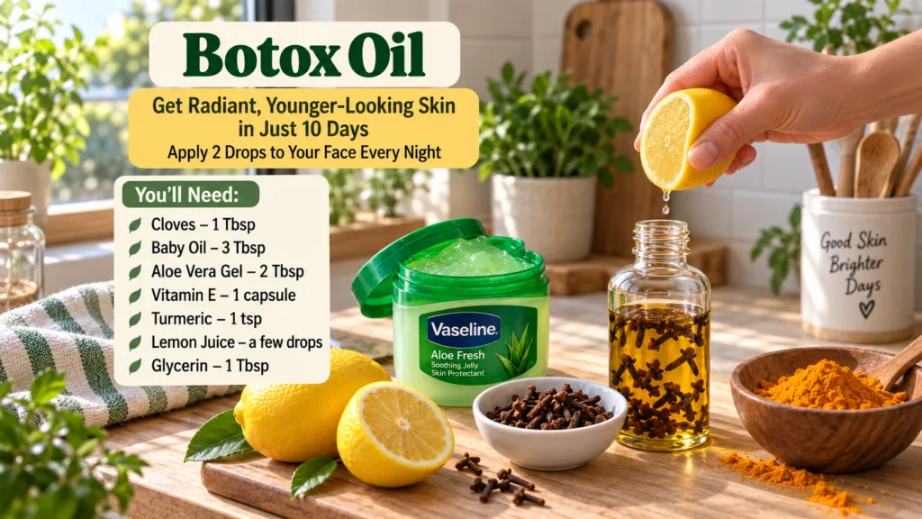A hand is squeezing a fresh lemon into a glass bottle containing cloves steeped in oil next to a jar of Vaseline Aloe Fr