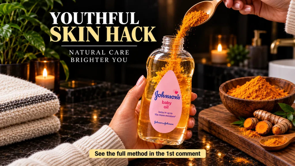 A hand holding a bottle of Johnson s baby oil while pouring vibrant turmeric powder from a golden spoon into the bottle
