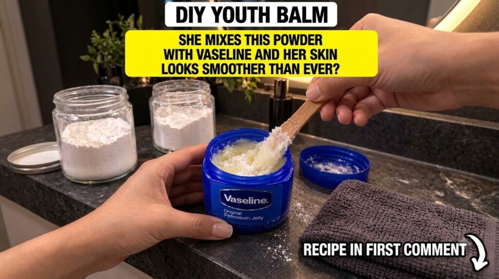 A hand mixing white kaolin clay powder into a jar of Vaseline with a wooden stick on a countertop with a glass jar of cl