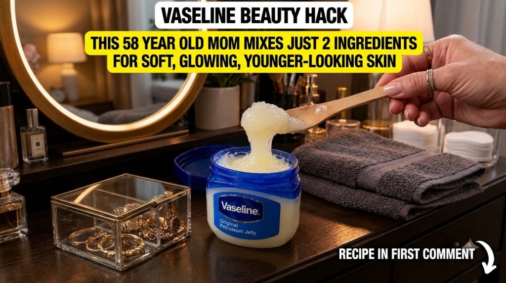 A hand scooping Vaseline from a jar with a wooden spoon emphasizing its thick texture on a dark wooden vanity with blurr