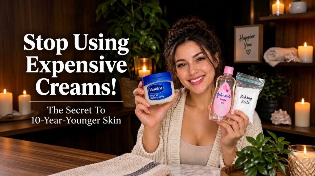 A smiling woman holding a jar of Vaseline a bottle of Johnson s baby oil and a small bag of baking soda presenting them 