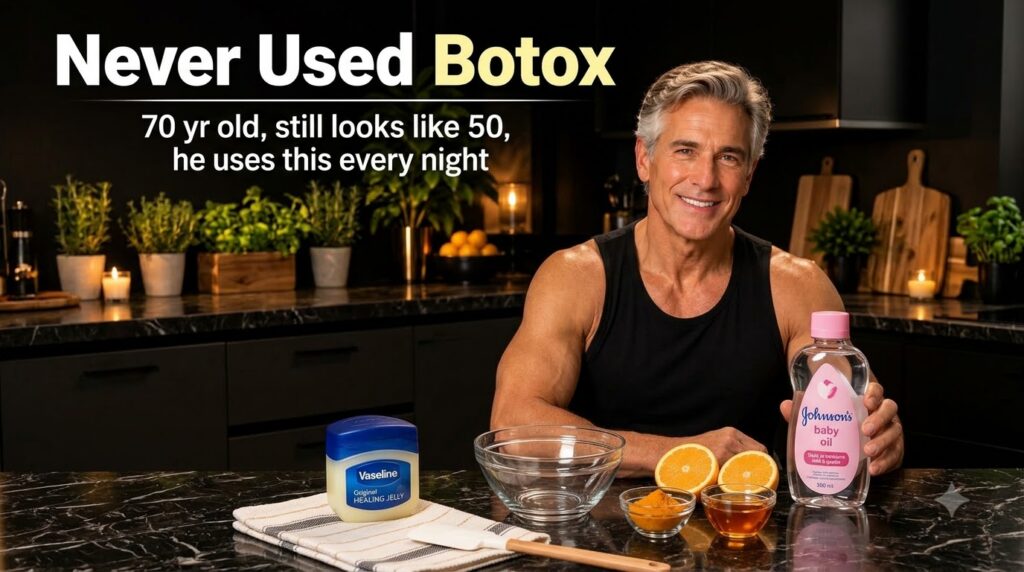 A smiling fit-looking man with salt-and-pepper hair holding a bottle of Johnson s baby oil in a modern kitchen with Vase
