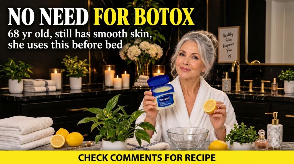 A smiling older woman in a white bathrobe holding an open jar of Vaseline and a lemon in a warm candle-lit bathroom