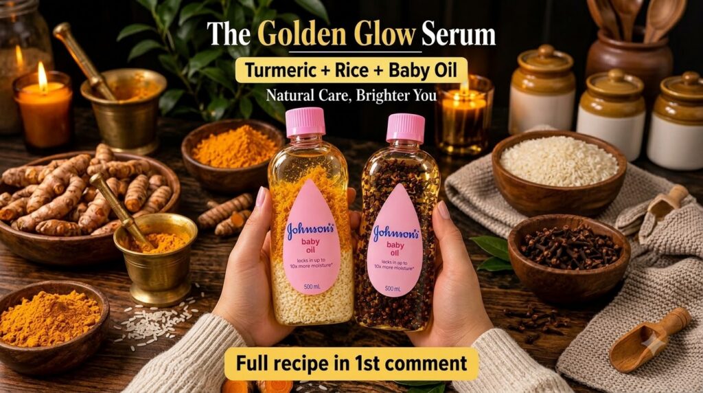 Two customized bottles of baby oil one with turmeric and rice the other with cloves and rice held by hands against a rus
