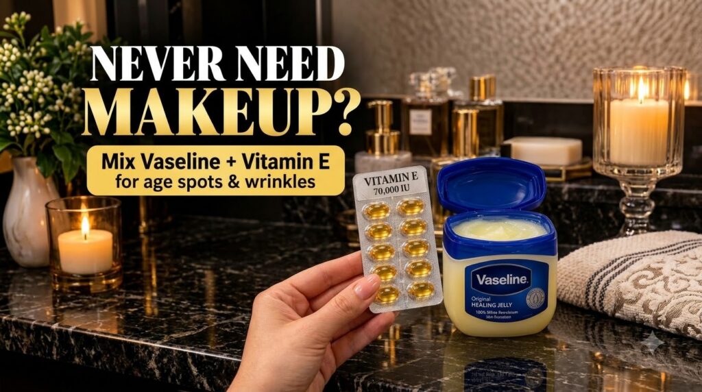 A hand holding a blister pack of Vitamin E capsules next to an open jar of Vaseline Original Healing Jelly on a dark mar
