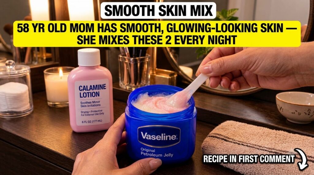 Hands mixing pink calamine lotion with white petroleum jelly in a blue Vaseline tub