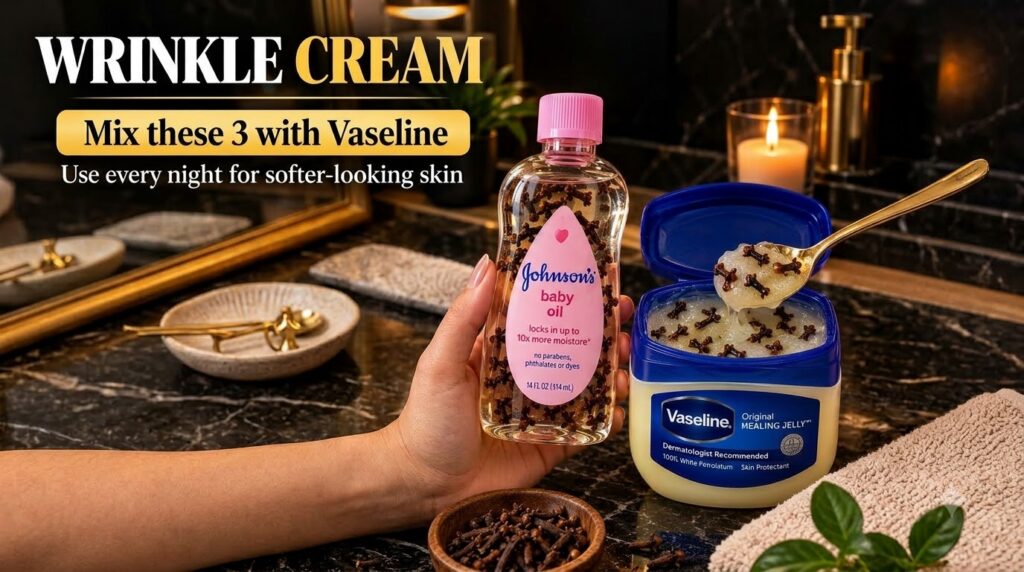 A close-up of the homemade skincare preparation featuring Johnson s baby oil Vaseline and whole cloves A hand gently hol