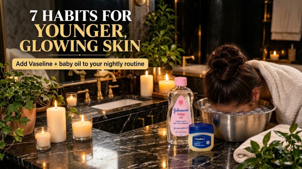 A person s head submerged in a metal bowl filled with ice water with a bottle of Johnson s baby oil a small jar of Vasel