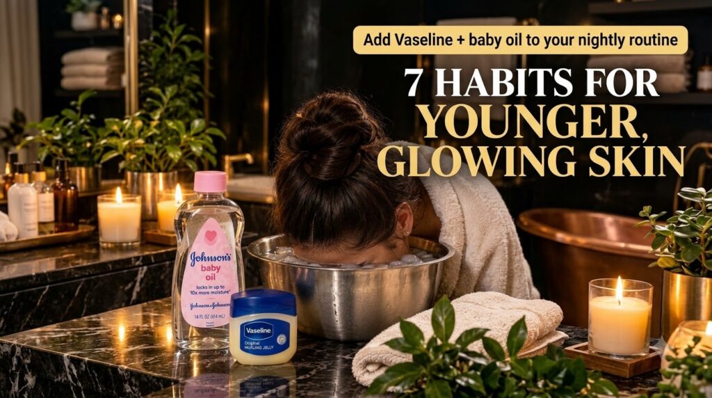 A person submerging their face into a bowl of ice water with bottles of baby oil and Vaseline nearby in a luxurious diml