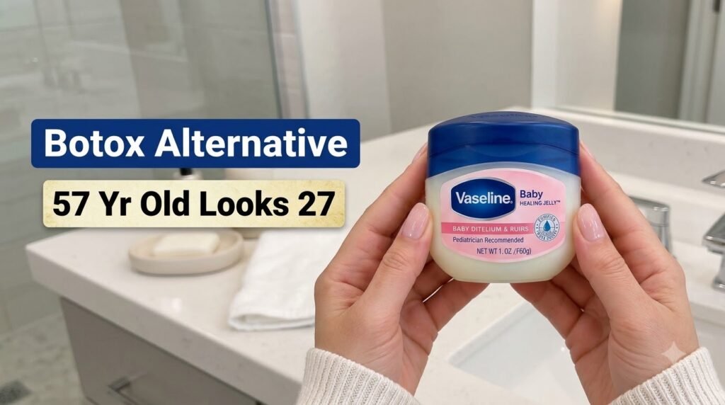 Two hands holding a jar of Vaseline Baby Healing Jelly with text overlays Botox Alternative and 57 Yr Old Looks 27 again