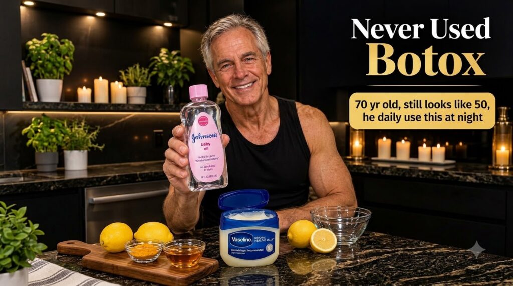 A smiling fit 70-year-old man holding a bottle of Johnson s Baby Oil with DIY skincare ingredients like Vaseline lemons 