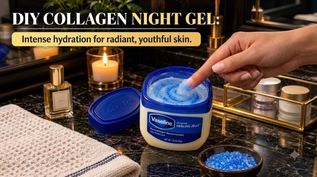A finger scooping light blue gel with darker blue beads from a white tub with a blue lid on a dark reflective marble sur
