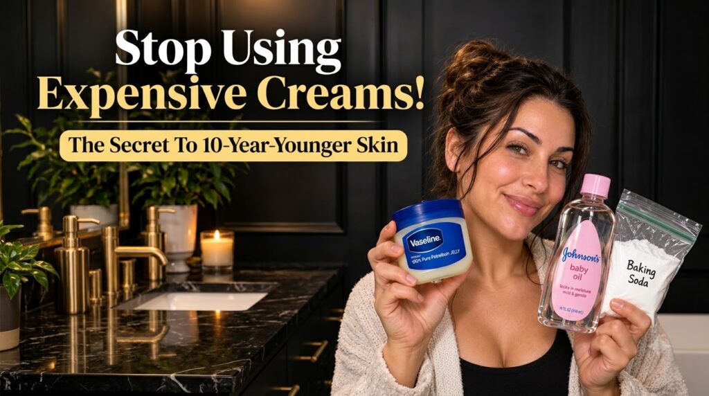 A smiling woman holds up Vaseline Johnson s Baby Oil and Baking Soda in a modern bathroom setting