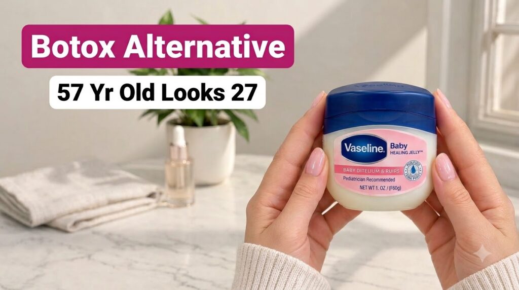 A small tub of Vaseline Baby Healing Jelly held by two hands with manicured nails with text overlays Botox Alternative a
