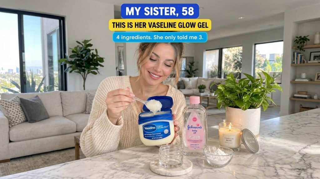 A woman gently smiling holding a large Vaseline container and a spoonful of product On a marble counter there s Johnson 