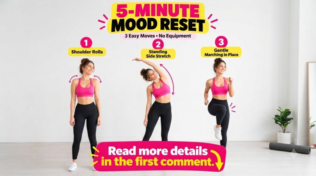 A woman demonstrating Shoulder Rolls Standing Side Stretch and Gentle Marching in Place in a clear instructional layout 