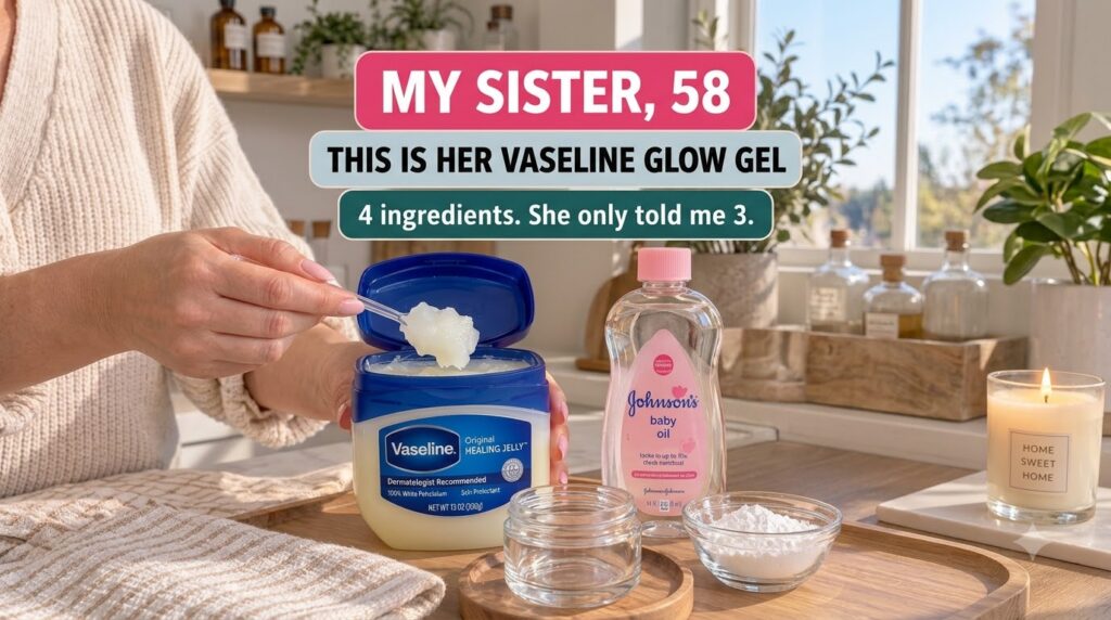 Hands scooping Vaseline from a tub surrounded by Johnson s baby oil a bowl of white powder and an empty glass jar on a w