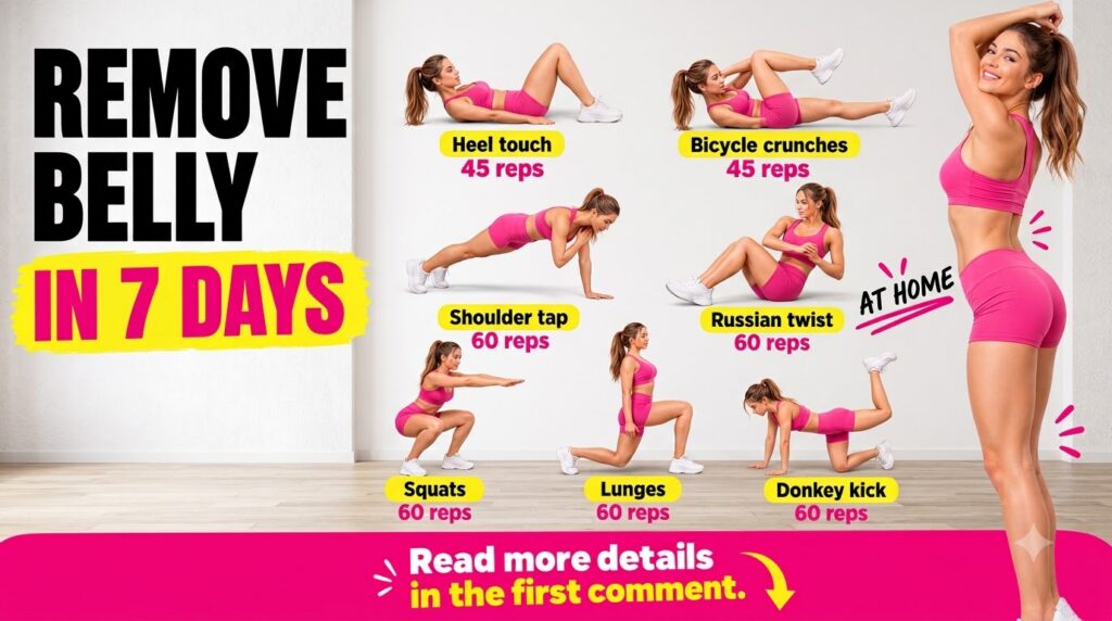 An infographic showing a 7-day at-home core workout plan with a fit woman demonstrating various exercises like heel touc