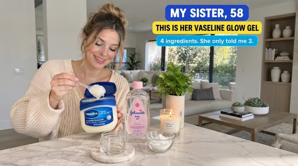 A woman is holding a large jar of Vaseline scooping some jelly with a plastic spoon On a marble surface a bottle of John