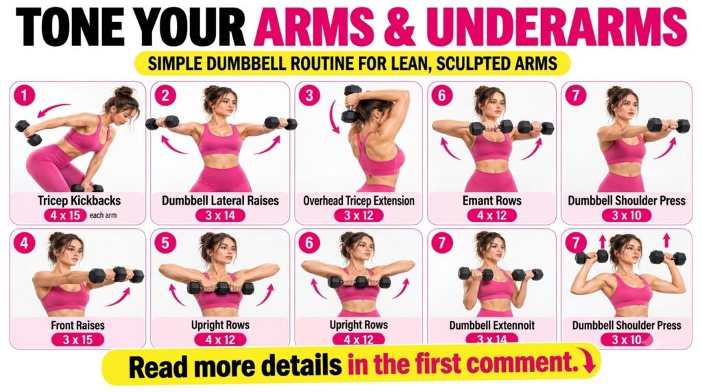 An infographic showcasing six different dumbbell exercises for toning arms and underarms demonstrated by a woman in pink
